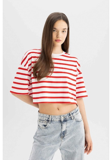 Defacto Coool Fitted Çizgili Kısa Kollu Tişört A9046AX24SMRD44 Kırmızı Defacto Coool Fitted Çizgili Kısa Kollu Tişört A9046AX24SMRD44 Kırmızı