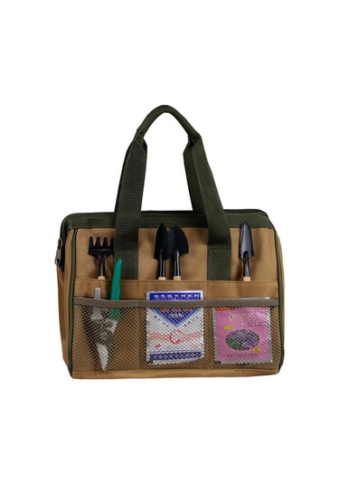 Pazly Takım Torbası Fermuarlı Geniş Açılış Dış Ceplerli Takım Organizasyonu Kahverengi Yumuşak Taraflı Tuval Alet Çantası 32x18x24cm