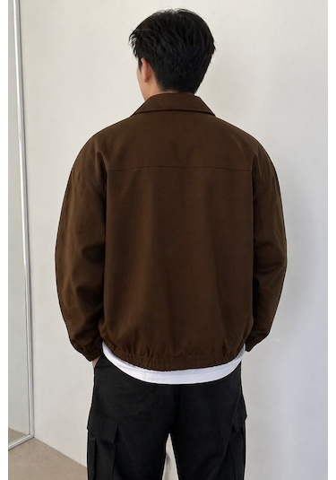 Tarz Cool Erkek Oversize Bomber Ceket Fermuarlı Basic Günlük Şık Mont Kahverengi