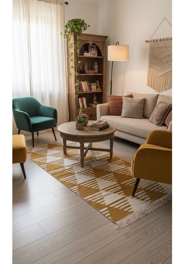 Hardal Geometrik Desenli Modern Kilim - Makinada Yıkanabilir Renkli