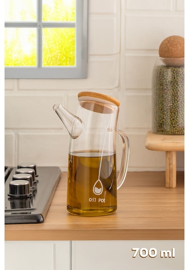 Porsima 2093 Bambu Kapaklı Vakumlu Borosilikat Cam Yağdanlık Yağlık Sirkelik 700ml Şeffaf