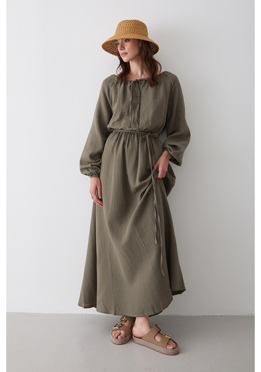 Çağla Bağlama Detaylı Müslin Elbise - 2004 Çağla