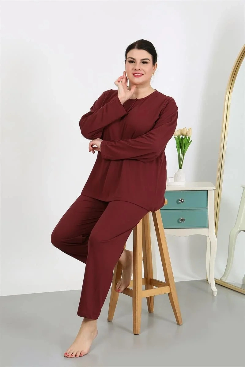 Moda Kadın Büyük Beden Uzun Kol Penye Pijama Takımı Bordo Bordo