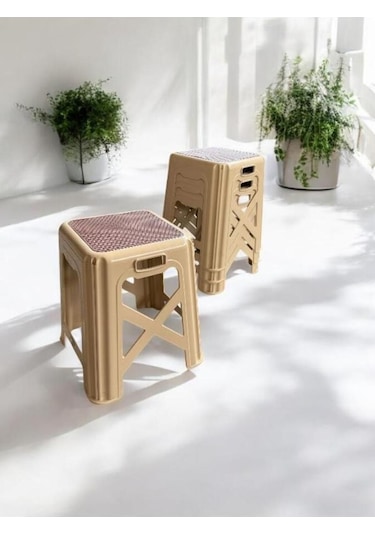 4 Adet Modern Orta Boy Plastik Mutfak, Banyo, Balkon Ve Bahçe Taburesi Krem