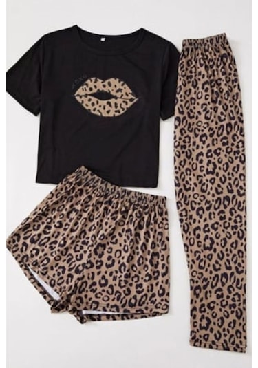 Bella Notte 3 Parça Leopar Desenli Pamuklu Pijama Takımı
