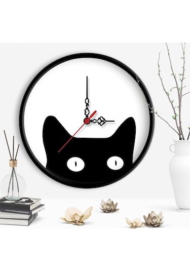 Dekoratif Kedi Tasarımlı Ahşap Duvar Saati - 1 Çok Renkli
