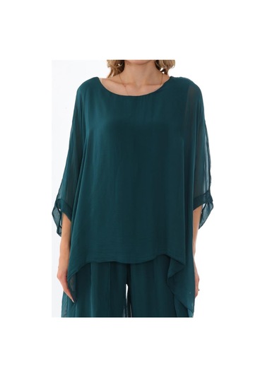İtalyan Yarasa Kol İpek Bluz-8869 Zümrüt Yeşili