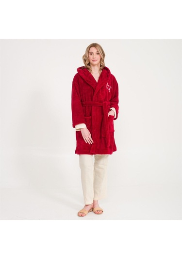 Welsoft Kapüşonlu Peluş Kadın Sabahlık Bordo