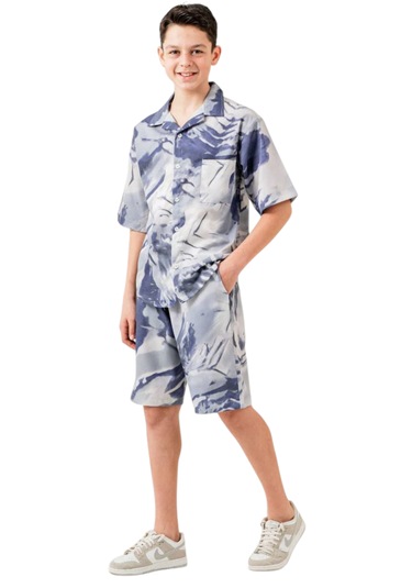 Erkek Çocuk Batik Desenli Mavi Gömlek Şort Oversize İkili Takım