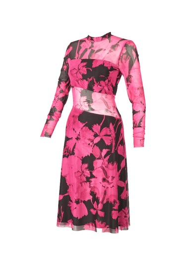 Explosion Uzun Kol Midi Şeffaf Elbise - Çiçek Desenli - Bohemian Stil Fuşya