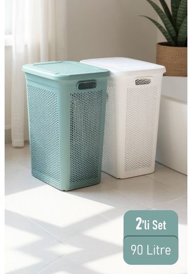 İronika Slim İki Bölmeli Kapaklı Dekoratif Kirli Çamaşır Sepeti 90 Litre Yeşil - Beyaz Yeşil