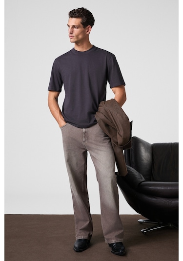 Solo Erkek %100 Organik Pamuklu Kalın Dokulu Comfort Fit Bisiklet Yakalı Füme T-Shirt