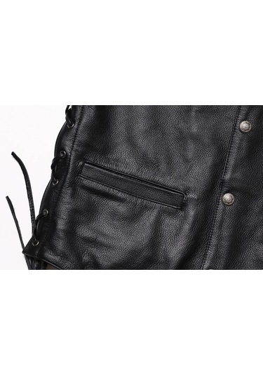 Yanları Deri Ip Bağlamalı Zik Yelek Hakiki Deri