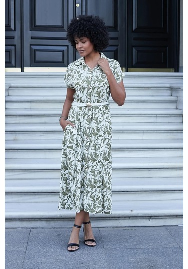 Kadın Desenli Yakalı Düşük Omuzlu Duble Kol Kemerli Midi Boy Elbise Deri Kemer Dahil -haki Çiçek Haki Ç. Kadın Desenli Yakalı Düşük Omuzlu Duble Kol Kemerli Midi Boy Elbise Deri Kemer Dahil -haki Çiçek Haki Ç.