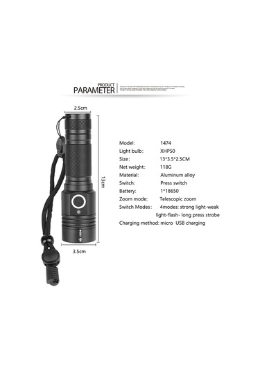 Led Xhp50 Karartma Yüksek Parlaklık El Feneri 800-1000lm Siyah