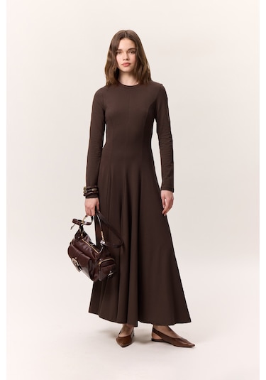 Kuplu Uzun Kollu Elbise Kahverengi Kahverengi