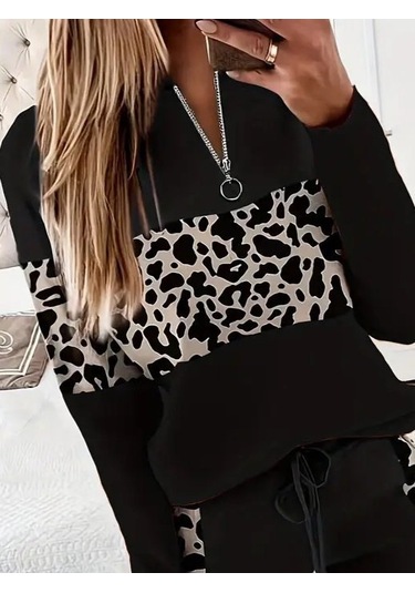 Tua Moda Kadın Uzun Kollu Fermuarlı Karışık Desenli Viskon Iki Iplik Bluz Ve Pantolon Ikili Takım Siyah