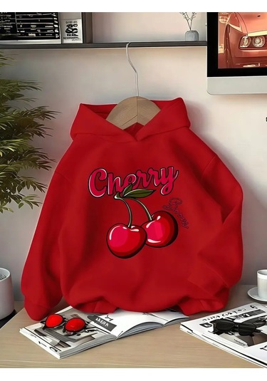 Kışlık Kapüşonlu Sweatshirt, Çocuk Cherry Baskılı Kırmızı