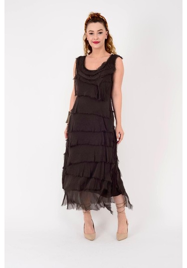 Italyan 2 Beden İnce Gösteren Kat Kat Kolsuz Ipek Elbise Kahverengi