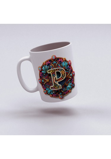 P Harfi Boho Bardak, Renkli Özel Tasarım Hediyelik Harfli Kupa, 330ml Porselen Beyaz