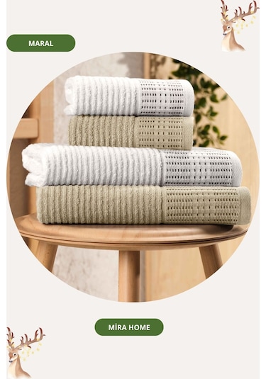 Mira Home 4 Parça Maral Battal %100 Pamuklu Banyo Havlu Takımı 90x160 Cm Bej