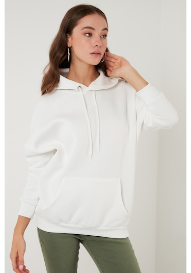 Lela Regular Fit Pamuklu Kapüşonlu Yaka Şardonlu Kışlık Bayan Sweat 5863854 Ekru