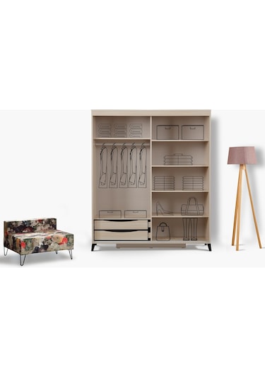 Pasifichome Huga Sürgülü Gardırop Meşe 170Cm / 2 Kapaklı Çekmeceli Dolap