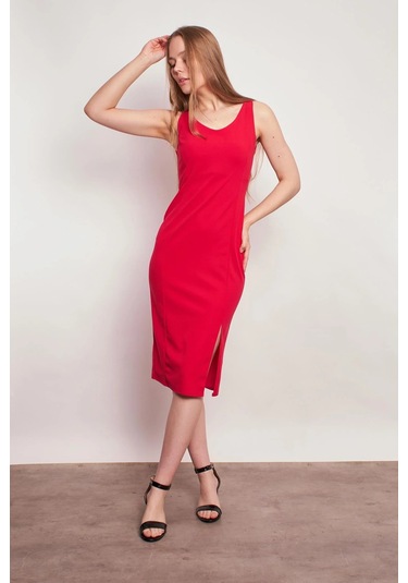 Likralı Krep Kumaş Ön Arka V Yaka Kolsuz Önden Yırtmaçlı Diz Altı Elbise-fujya Fujya