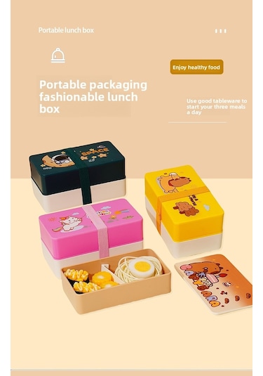 Mavi Sevimli Çift Katlı Yemek Kutusu - Öğrenciler Ve Ofis Kullanımı İçin Taşınması Kolay. Mavi