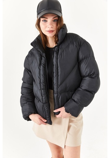 Alisse-kadın Siyah Dik Yaka Kısa Şişme Mont Siyah