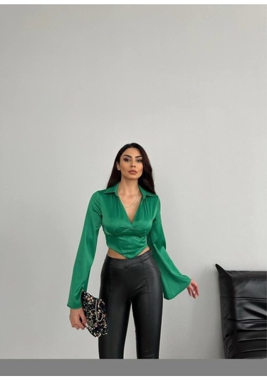 Saten Crop Bluz - Yeşil Renkli