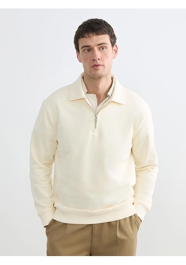 Lc Waikiki Ekru Fermuarlı Polo Yaka Erkek Sweatshirt