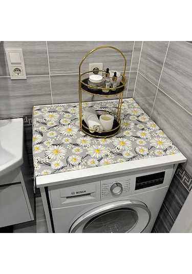 Laundry Duck Keten Su Geçirmez Ve Kirlenmez Çamaşır Makinesi - Buzdolabı - Bulaşık Makinesi Örtüsü Sarı Papatya