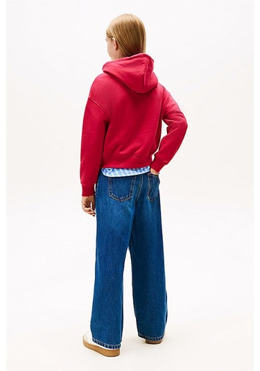 Kız Çocuk Rahat Kalıp Taşlı Amblemli Kapüşonlu Sweatshirt - Kırmızı Ruby Rhubarb