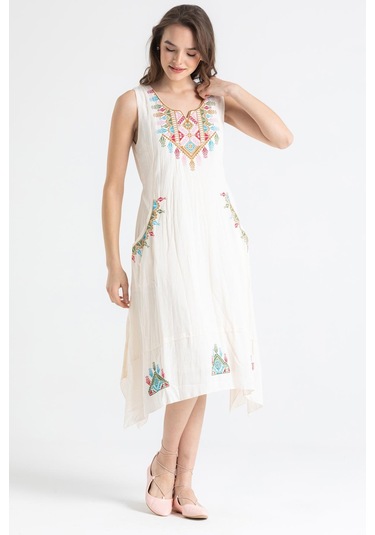 Kolsuz Şile Bezi Antik Nakışlı Midi Boy Elbise Krem Krm-krem