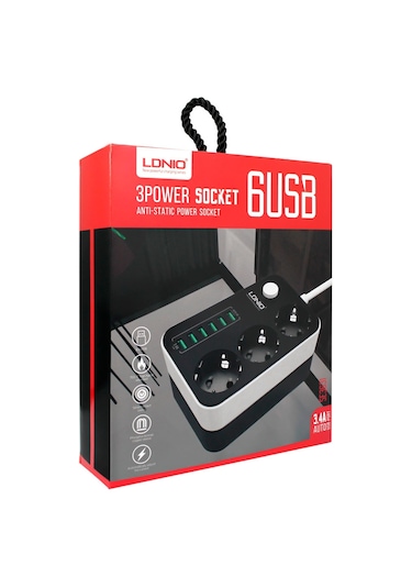 Ldnio SE3631 6xUsb Çıkışlı 3'lü Akım Korumalı Priz 2 Metre Siyah