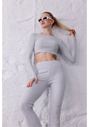Kadın İspanyol Paça Pantolon Uzun Kollu Parmak Geçirmeli Crop Takım Gri