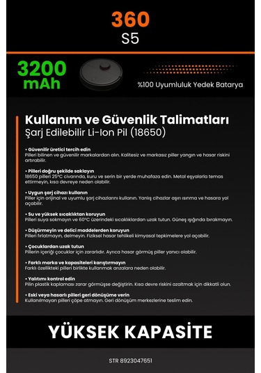 360 S5 Akıllı Robot Süpürge Bataryası 14.4v 3200mah