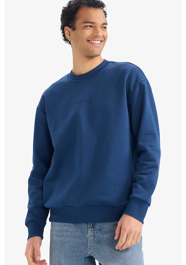 Defacto Boxy Fit Bisiklet Yaka İçi Yumuşak Tüylü Baskılı Sweatshirt X8282az25auın270 İndigo-ın270
