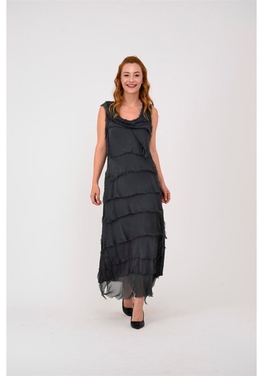 Italyan 2 Beden İnce Gösteren Kat Kat Kolsuz Ipek Elbise Antrasit