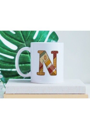 N Harfi Sonbahar Kış Temalı Yamalı Tasarım Kupa Bardak - Etnik Ve Pathwork Severlere Özel Hediye Beyaz