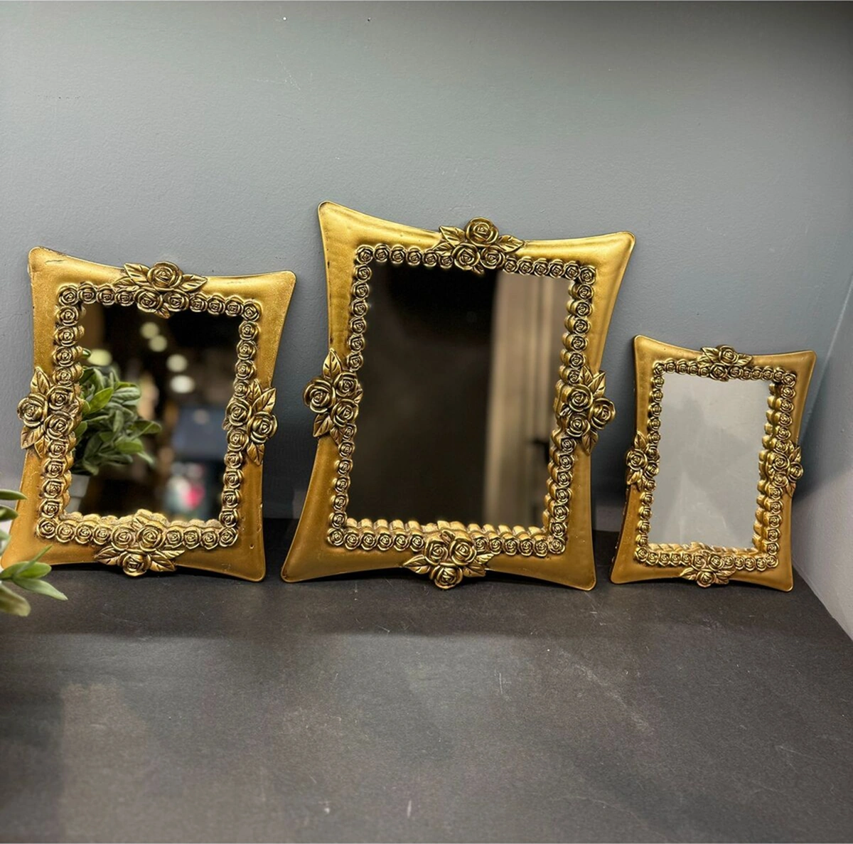 Dekoratif Polyester Üçlü Kare Ayna Takımı Gold Eskitme