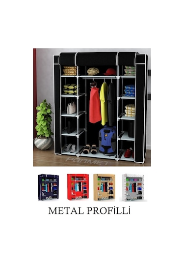 Beyazpazar Metal Profilli Bez Dolap 12 Raflı+Askılıklı Bez Dolap Siyah
