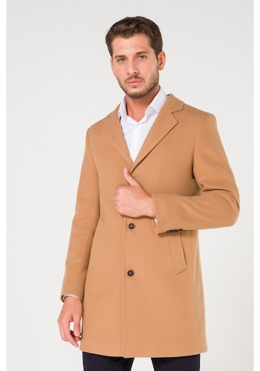 Slim Fit V Yaka Kışlık Pudra Kaşe Kaban-Pudra