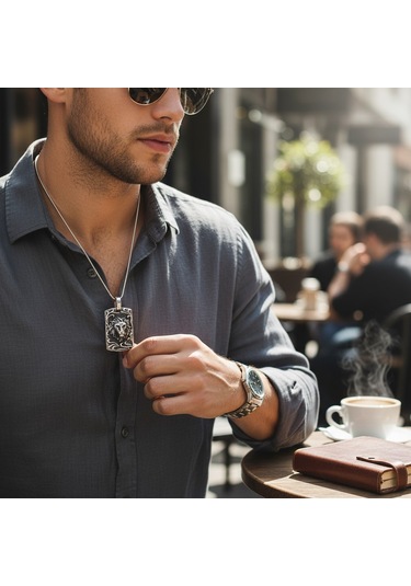 Büyük Aslan Başı Çelik Kolye Ucu Silver