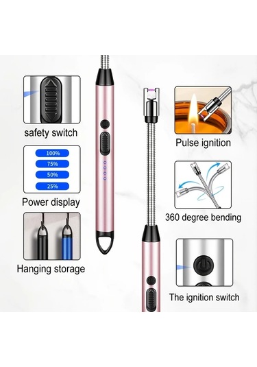 Elmpaly Usb Şarj Edilebilir Ark Çakmak Kırmızı Altın Renk Mum Barbekü Kamp İçin Kompakt Mutfak Aleti 170mah Uzun Ömürlü Pil Hızlı Ateşleme Altın