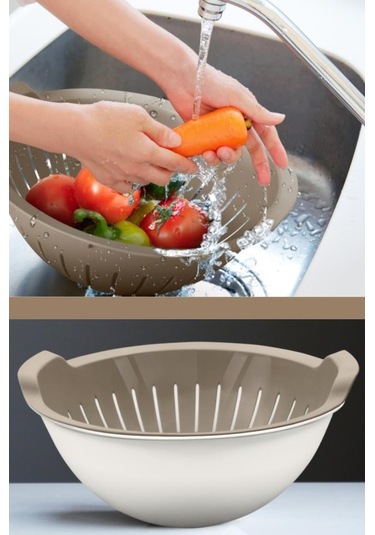 Flosoft Hazneli Makarna Süzgeci 25 Cm, Badyalı Kulplu Sebze Meyve Yıkama Süzgeci 3 Litre Bej