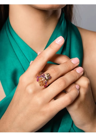 Lamponi 925 Ayar Gümüş Altın Kaplama Yüzük, Yakut Ve Sitrenli 57394229 Altın