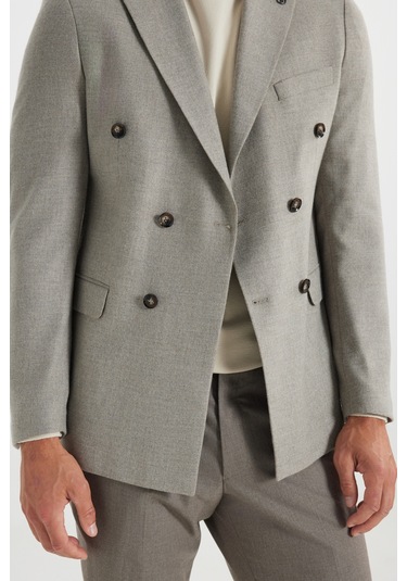 Erkek Vızon Yünlü Slim Fit Dar Kesim Kırlangıç Yaka Kapak Cepli Blazer Ceket Vizon