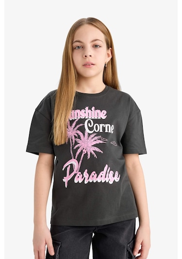 DeFacto Kız Çocuk Relax Fit Bisiklet Yaka Baskılı Kısa Kollu Tişört E0355A825SMAR211